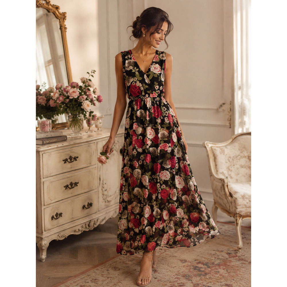 Disney Beauty & The Beast Sz XS Black Rose Floral Long Maxi Dress Sleeveless